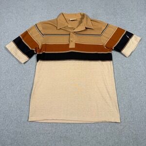 Vintage 70s 80s Lightning Bolt Striped Surf Polo Shirt Mens Medium Earth Tone